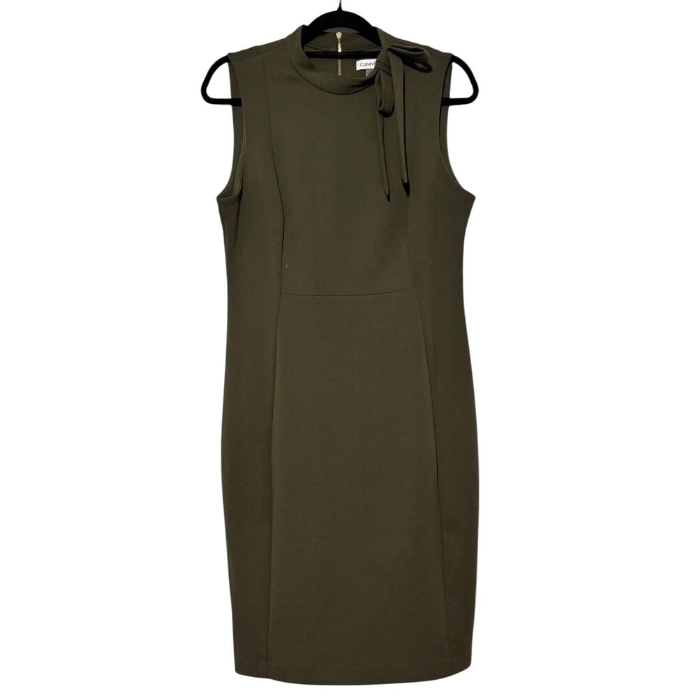 Calvin Klein Women's Size 12 Olive Green Sleeveless Mock Neck Bow Sheath Dress